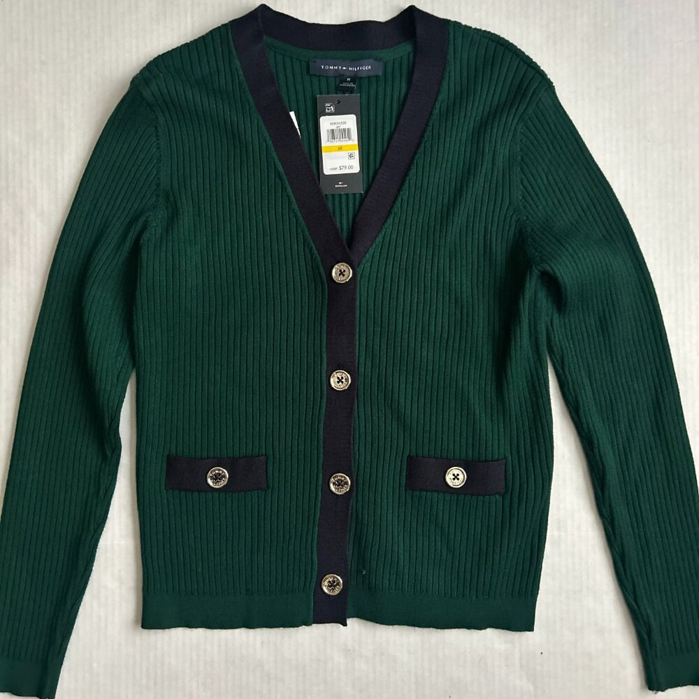 Tommy Hilfiger‎ Cardigan Cable Knit Sweater Preppy Green Stripes Medium